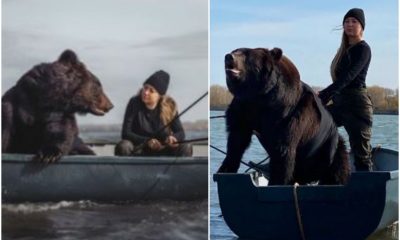 Fearless Lady Goes Fishing In A Tiny Boat With Giant Brown Bear
