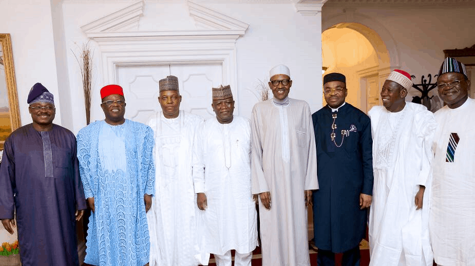 L-R: Abiola Ajimobi (Oyo); David Umahi (Ebonyi); Kashim Shettima (Borno); Abdulaziz Yari (Zamfara); Muhammadu Buhari; Udom Emmanuel (Akwa Ibom); Umar Ganduje (Kano) and Samuel Ortom (Benue)