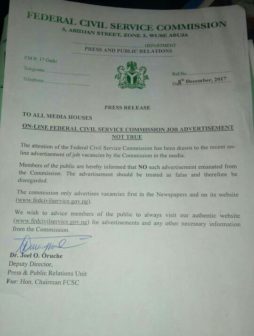 Federal Civil Service Commission Debunks Job Advert