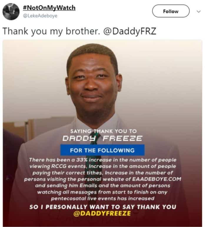 Pastor Adeboye’s Son “Leke Adeboye” Thanks Daddy Freeze For Blasting His Dad