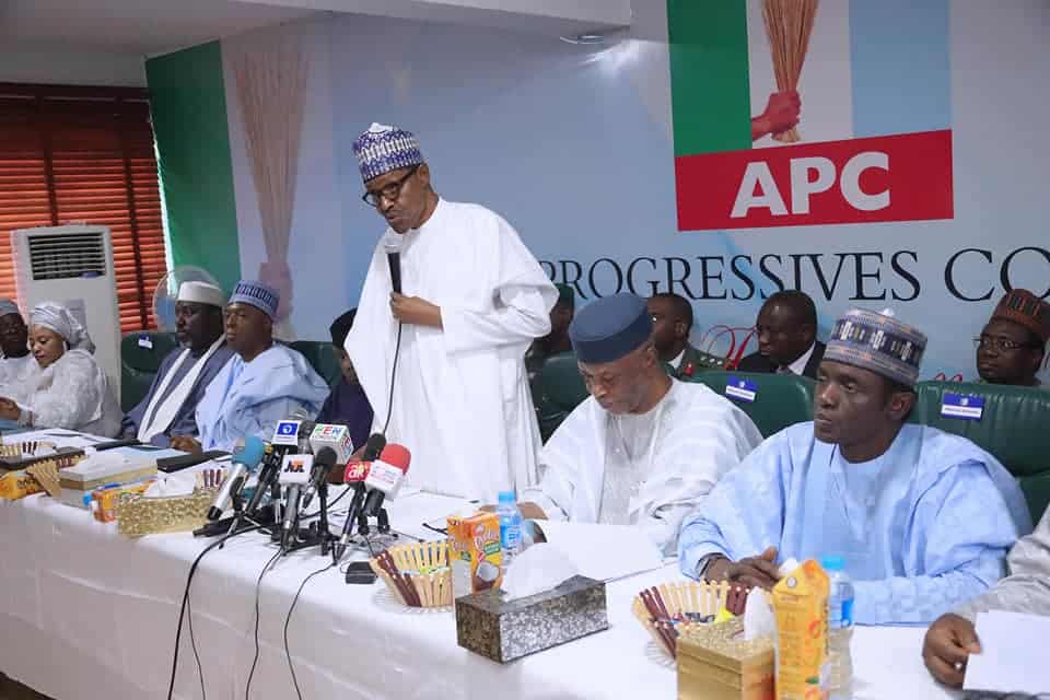 President Buhari at the APC NEC meeting where he declared his second term ambition
