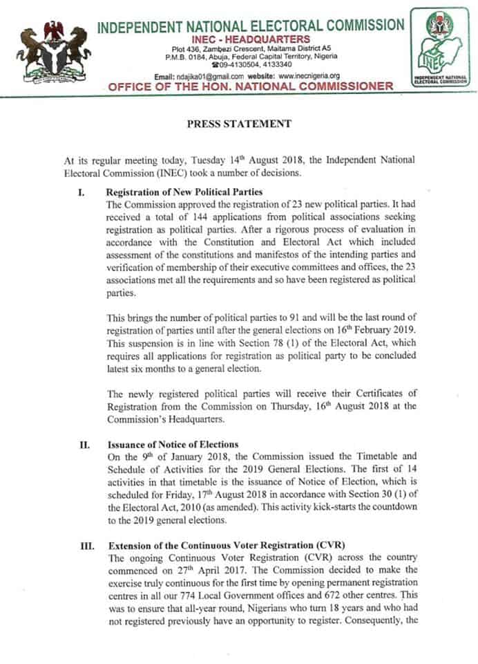 INEC Registers 23 New Political Parties