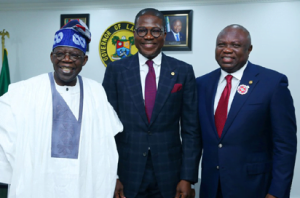 Lagos State Governor, Mr. Akinwunmi Ambode (right), with the new Head of Service, Mr. Hakeem Muri-Okunola (middle) and Asiwaju Bola Tinubu (left)