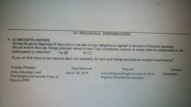 The registration statement which confirmed that Atiku paid $30,000 to Fein & DelValle PLLC