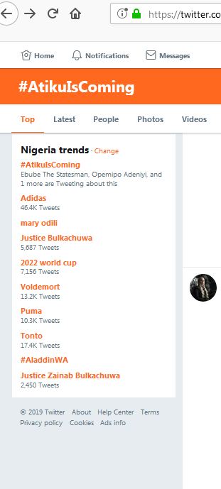 #AtikuIsComing Tops Nigerian Twitter Trend After Justice Bulkachuwa’s Withdrawal