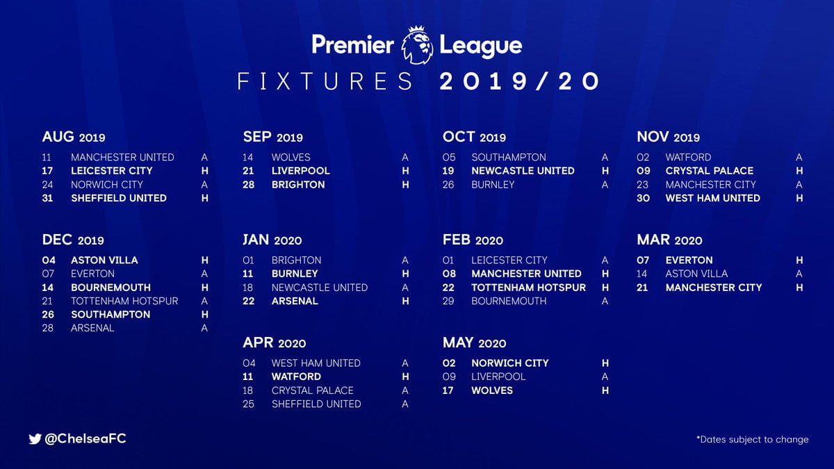 Full Chelsea 2019/2020 Premier League Fixtures - Nigeria News