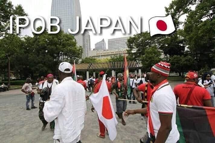 See Photos Of Protesting IPOB Members Waiting For Buhari In Japan