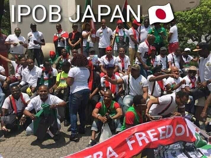 See Photos Of Protesting IPOB Members Waiting For Buhari In Japan