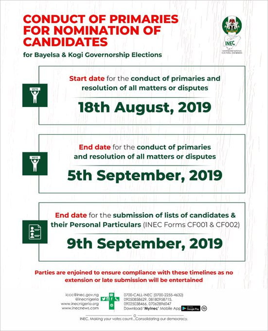 Just In: INEC Releases Timeline For Conduct Of Kogi, Bayelsa Governorship Primaries