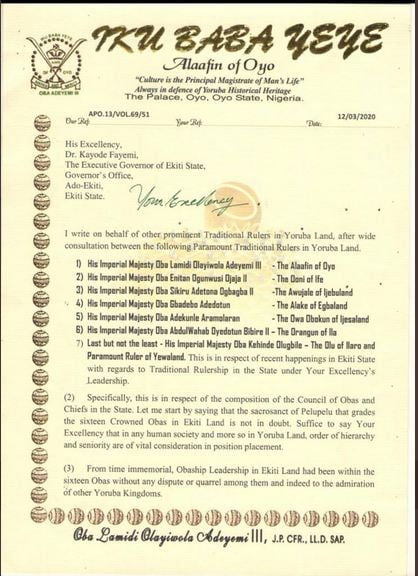 Alaafin Of Oyo Bombs Governor Fayemi In Warning Letter