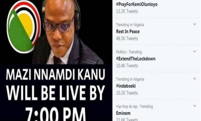 #PrayForKemiOlunloyo Tops Nigeria Twitter Trends Ahead Of Nnamdi Kanu's Video Broadcast Today