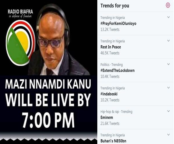 #PrayForKemiOlunloyo Tops Nigeria Twitter Trends Ahead Of Nnamdi Kanu's Video Broadcast Today