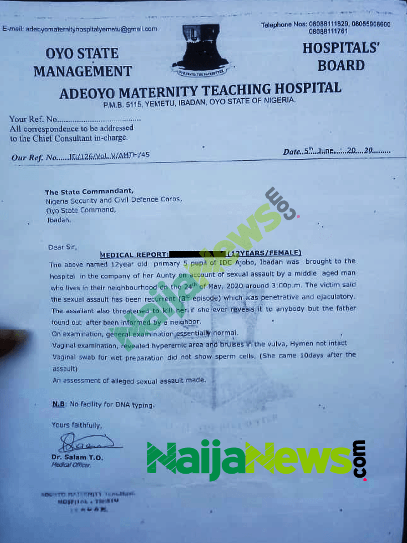 Appendix 2: The medical report from Adeoyo Maternity Teaching Hospital