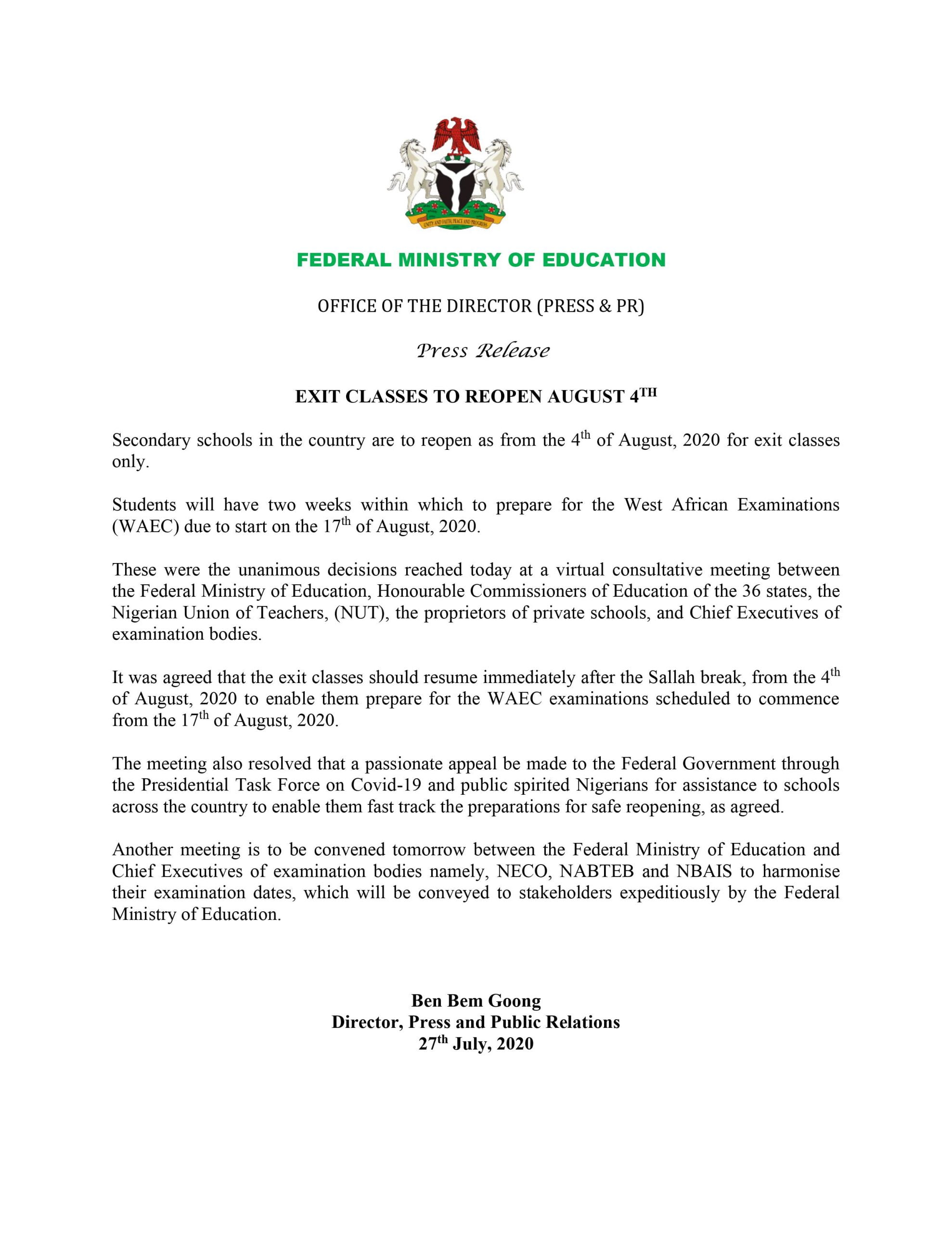 WAEC Exams Will Start By August 17, Schools To Reopen By August 4 – FG