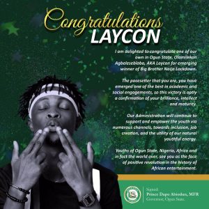 BBNaija: Ogun Governor Congratulates Laycon For Winning N85m Grand Prize