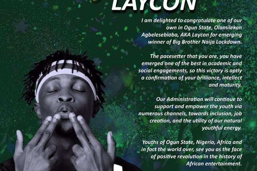 BBNaija: Ogun Governor Congratulates Laycon For Winning N85m Grand Prize
