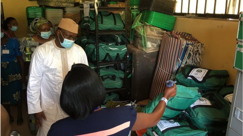 INEC Chairman, Prof. Mahmood Yakubu inspecting equipment at the agency's office in Ifedore Local Government Area of ​​Ondo State