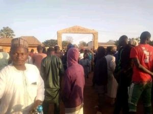 Crowds at the entrance to GSSS Kankara Secondary School