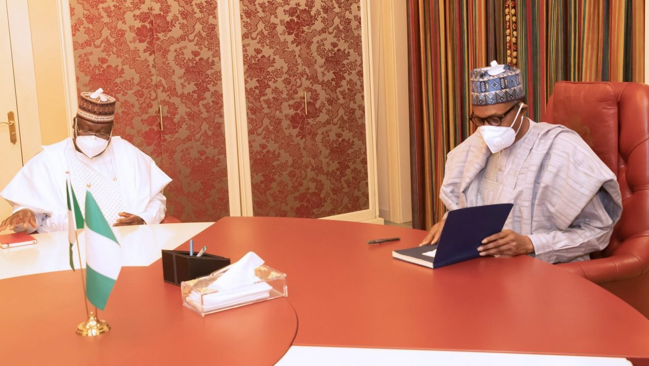 President Muhammadu Buhari sits with the President of the Nigerian Senate Ahmad Lawan at the State House, Abuja on Monday, March 29, 2021.