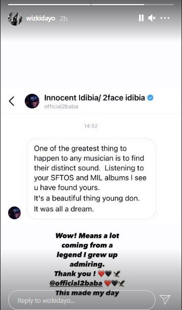 Wizkid Shares Heart-Melting DM He Received From 2Face Idibia |Photos