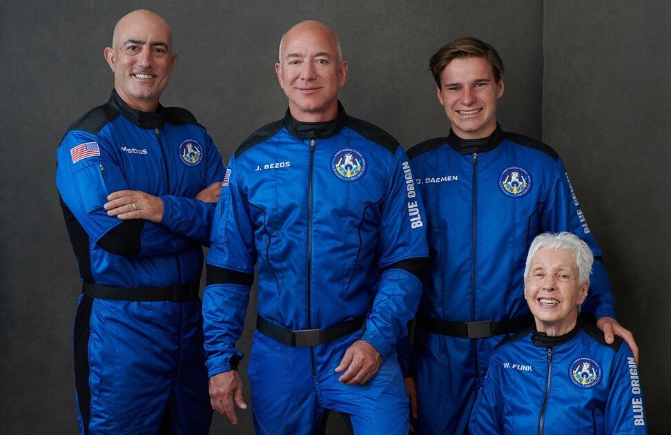 Jeff Bezos, along with his Blue Origin crew members. Photo: Blue Origin