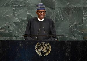 Buhari speaking at the United Nations General Assembly