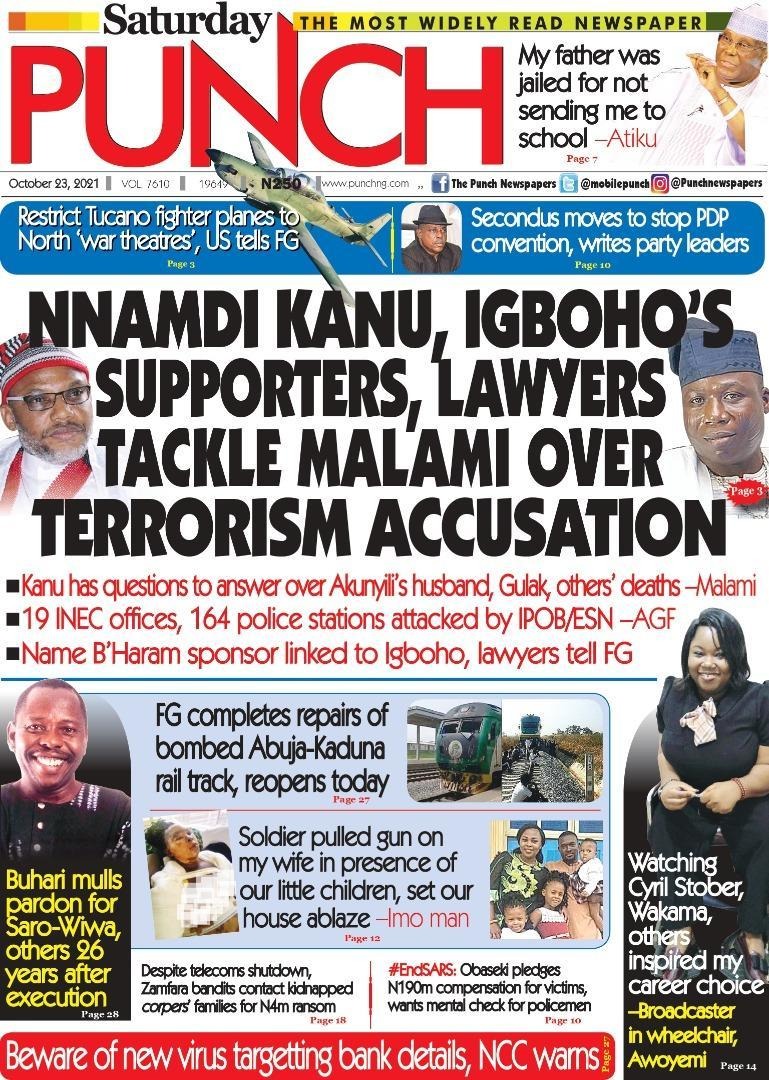 Nigerian Newspapers Daily Front Pages Review Saturday 23 October 2021