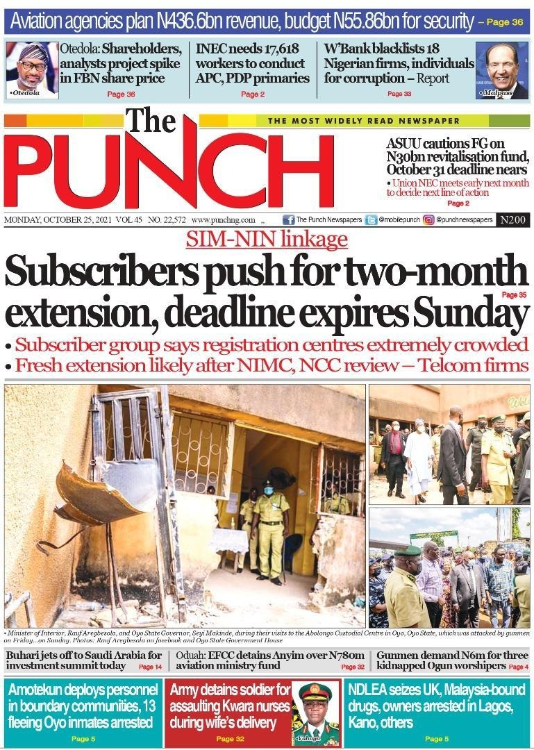 Front Pages Of Nigerian Newspapers Today Monday
