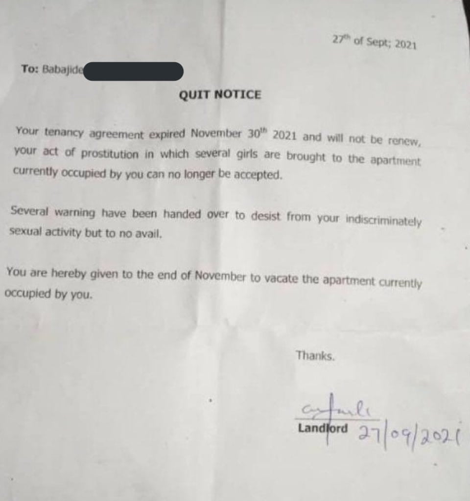 Man Served Quit Notice For Bringing Several Girls Into His Rented Apartment 