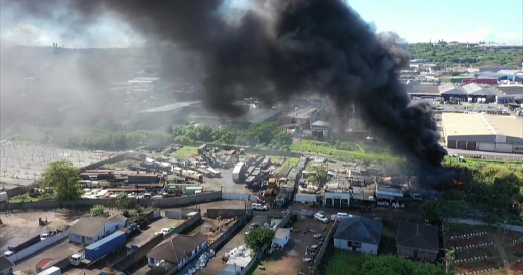 Aerial view of the fire area in Durban, South Africa