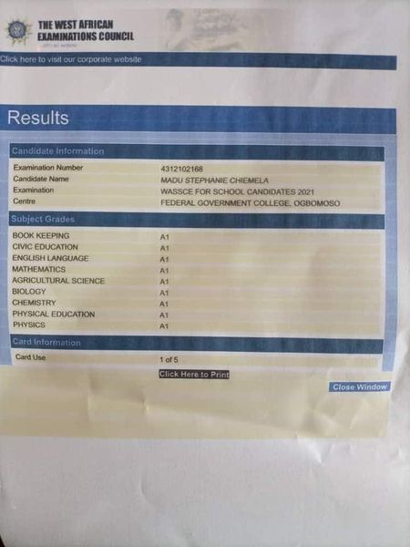 Photos: Reactions As Brilliant Nigerian Girl Scores A's In All Her WAEC Subjects, Scores 345 Out Of 400 In Post-UTME