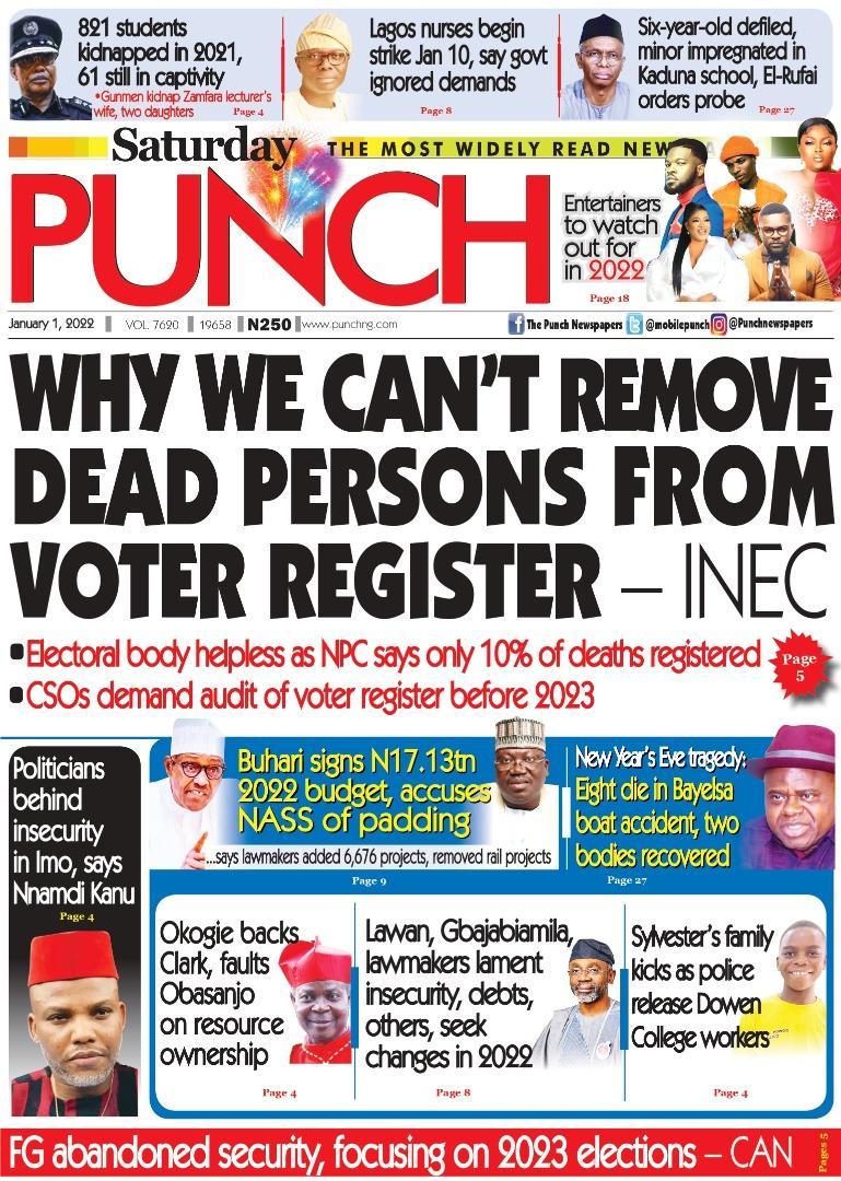 Nigerian Newspapers Daily Front Pages Review | Saturday, 1 January, 2021