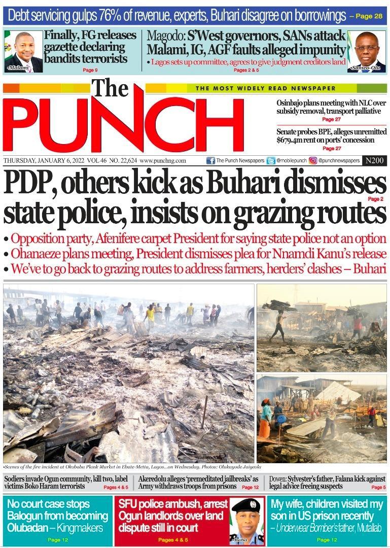 Nigerian Newspapers Daily Front Pages Review | Thursday, 6 January, 2021