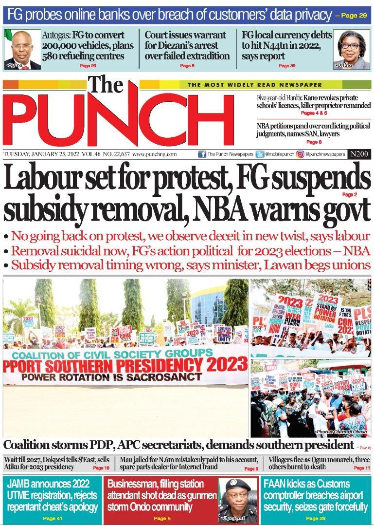 Nigerian Newspapers Daily Front Pages Review | Tuesday, 25 January, 2022