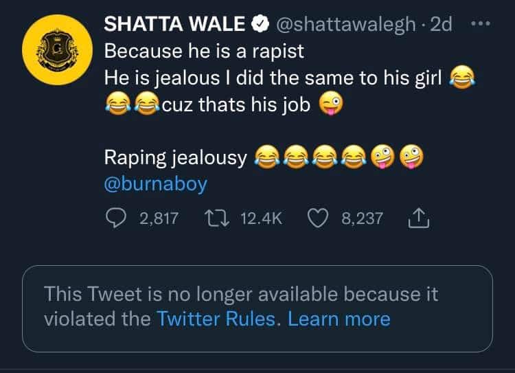 Twitter Deletes Shatta Wale’s Post Where He Seemingly Admitted ‘Engaging In Rape’