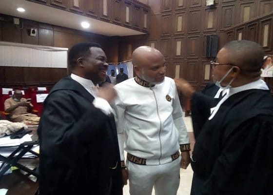 See How Nnamdi Kanu Turned Up In Court For His Trial Today (Photos/Video)