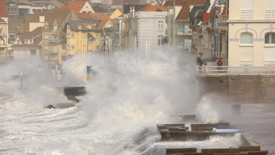 Waves crash against a breakwater during storm Eunice in Wimereux, France.