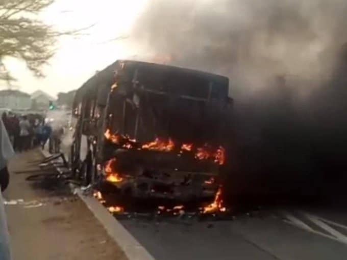 BRT Bus Catches Fire Suddenly In Lagos (Video)