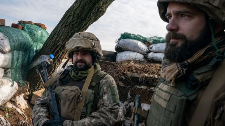 Ukrainian soldiers are seen in the north of Donetsk, Ukraine on February 23, 2022.