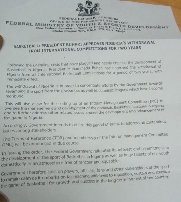 Buhari Approves Withdrawal Of Nigeria Basketball Teams From International Competitions