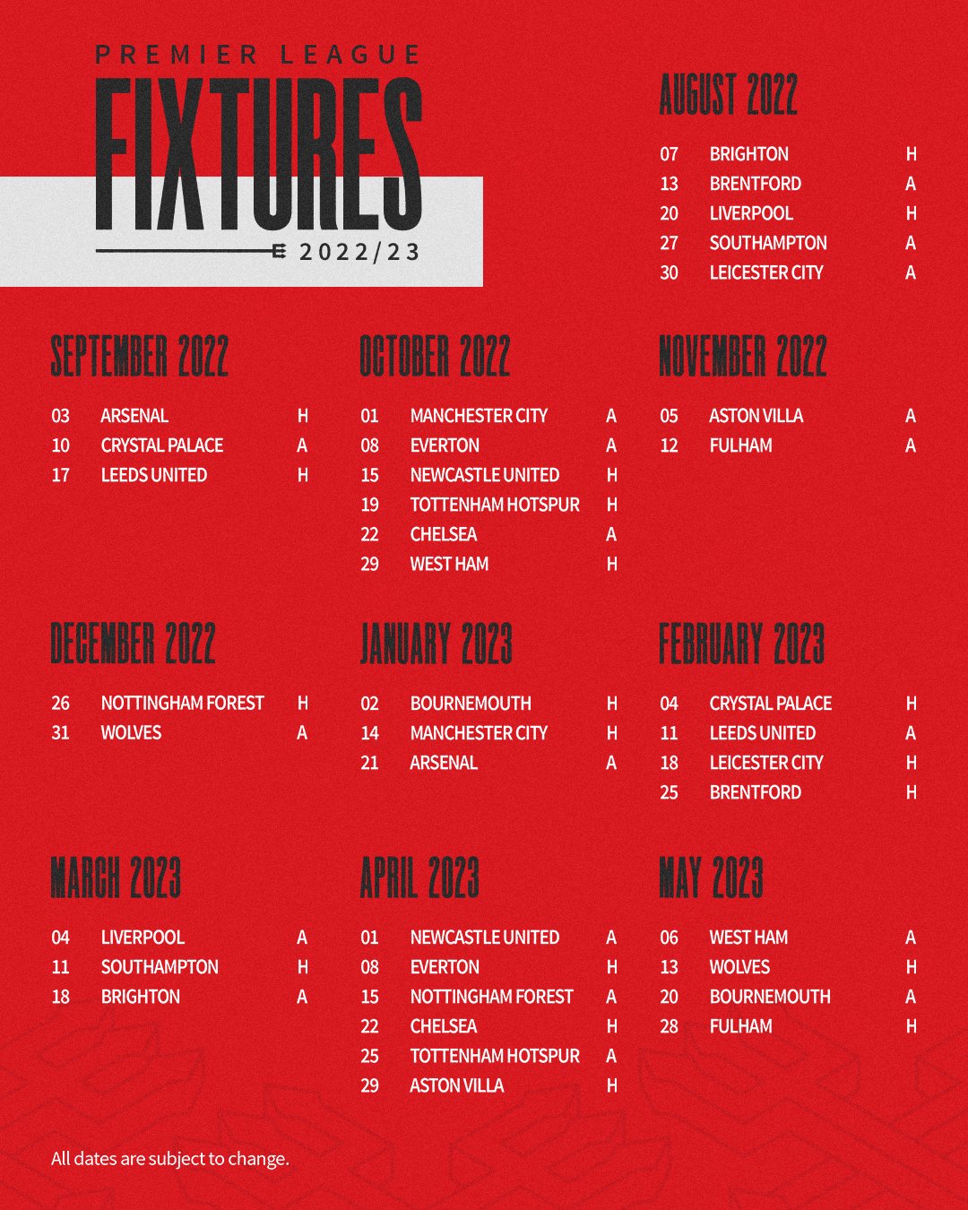 Full List: Manchester United Premier League Fixtures For 2022/2023 Season