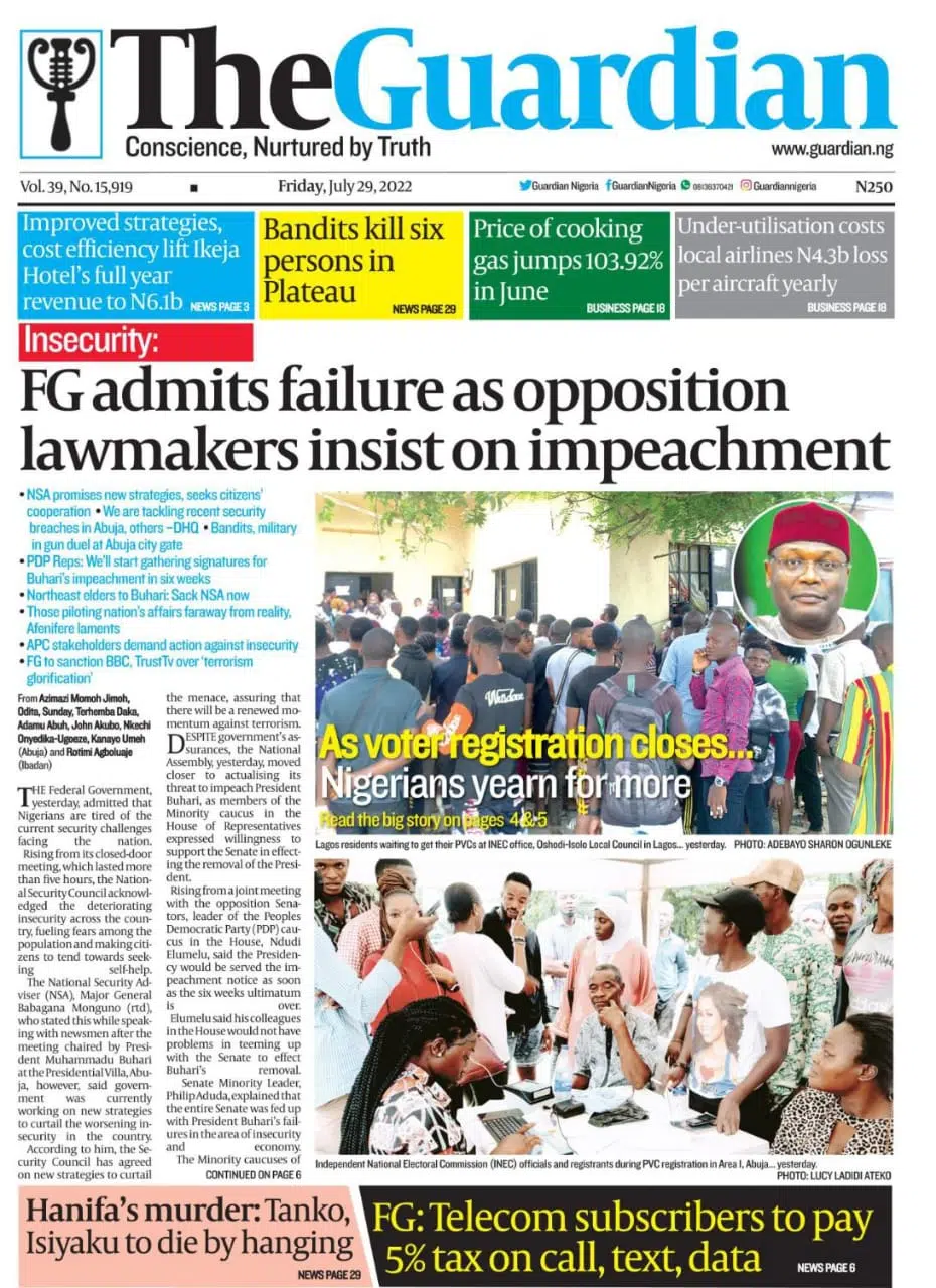 The Guardian Nigeria on X: Today in The Guardian – Acute outage imminent  as TCN, DisCos face-off deepens. Get a copy. #FrontPage #Headline #Business  #Politics #Sports #Pilgrims #Nigerians #Entertainment #News #Nigeria  #Africa #