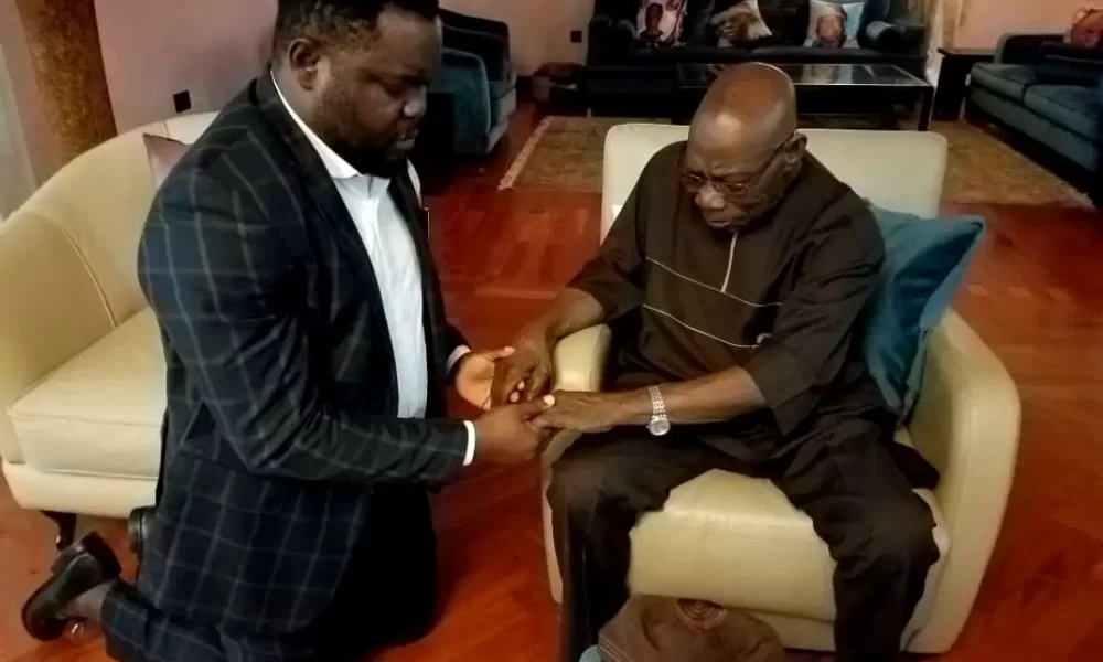 Reactions As Accord Presidential Candidate Kneels Before Obasanjo For Prayers