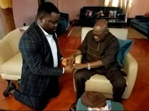 Reactions As Accord Presidential Candidate Kneels Before Obasanjo For Prayers