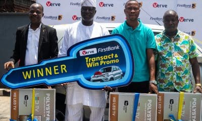 L-R Chuma Ezirim; Group Executive, eBusiness & Retail Products, FirstBank; Olakunle M. Animasahun, the grand prize winner; Vincent Ogbunude, Chief Executive Officer, Verve International and Folasade Femi - Lawal, Head, Cards and Messaging Business, FirstBank, following the presentation of the brand new car to Mr. Animasahun, at the recently concluded FirstBank Verve Card Transact and Win Promo. The prize presentation was held yesterday at the FirstBank headquarters.