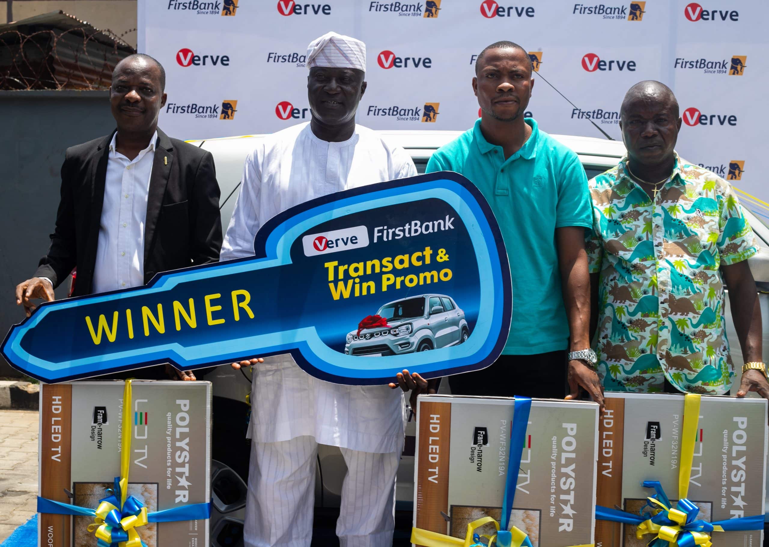 L-R Chuma Ezirim; Group Executive, eBusiness & Retail Products, FirstBank; Olakunle M. Animasahun, the grand prize winner; Vincent Ogbunude, Chief Executive Officer, Verve International and Folasade Femi - Lawal, Head, Cards and Messaging Business, FirstBank, following the presentation of the brand new car to Mr. Animasahun, at the recently concluded FirstBank Verve Card Transact and Win Promo. The prize presentation was held yesterday at the FirstBank headquarters.