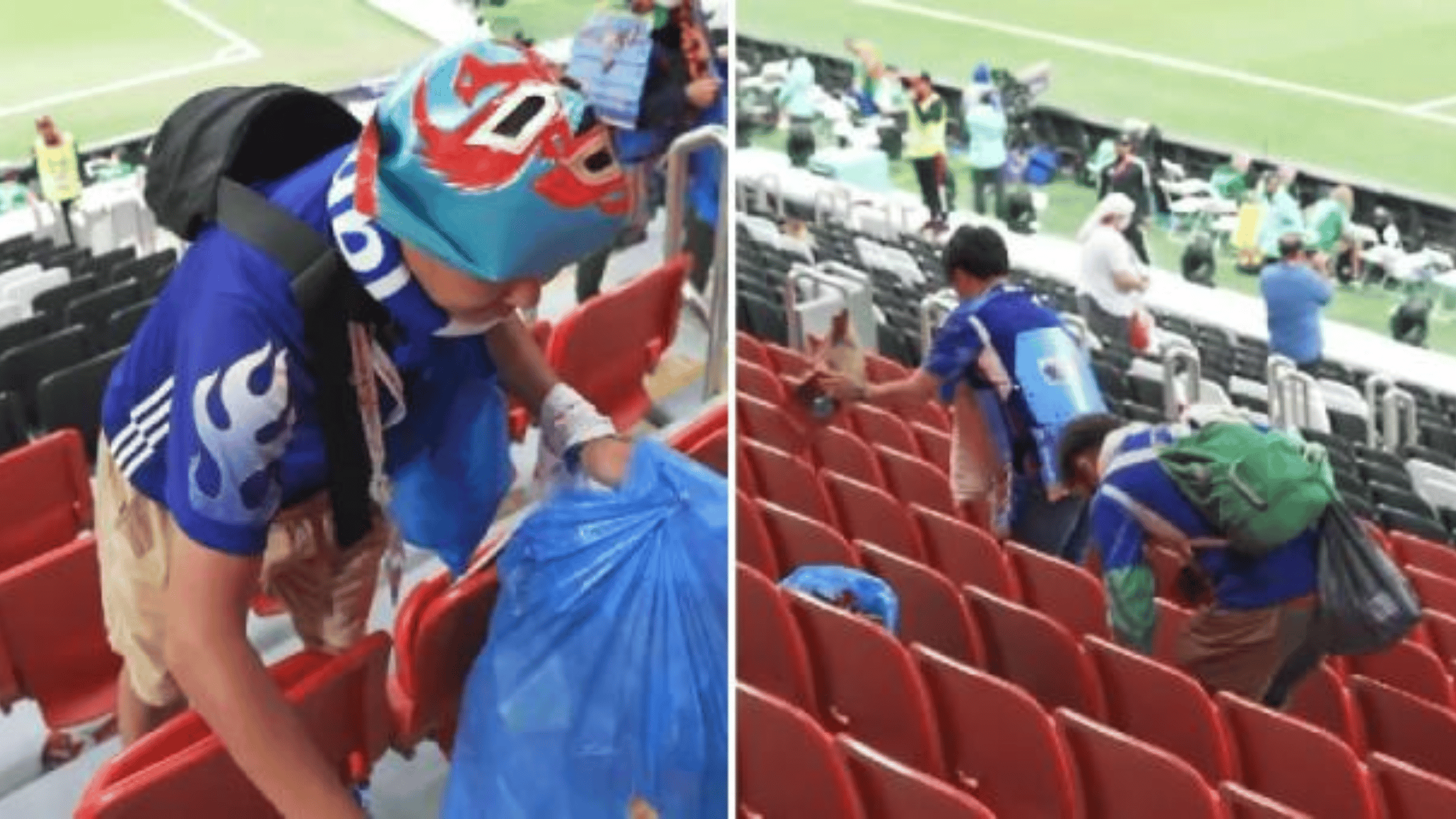 Japanese fans cleaning the stadium after defeating Germany