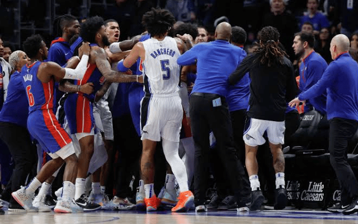 The Detroit Pistons defeated the Orlando Magic 121-101, but a huge brawl during the game resulted in the NBA suspending eleven players.