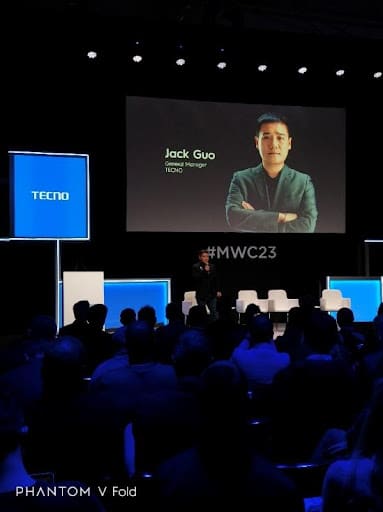 General Manager of TECNO, Jack Guo, delivers his speech during the official launch event of PHANTOM V Fold at MWC Barcelona 2023.