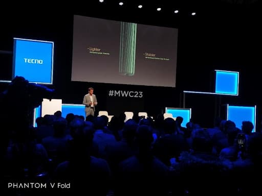 PHANTOM V Fold Launch Officer, Olivier Mas, reveals the details of PHANTOM V Fold at the smartphone’s launch event during MWC Barcelona 2023.